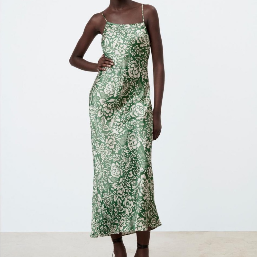 Zara green floral printed slip dress
